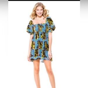 Betsey Johnson Blue Floral Puff-Sleeve Maxi Dress